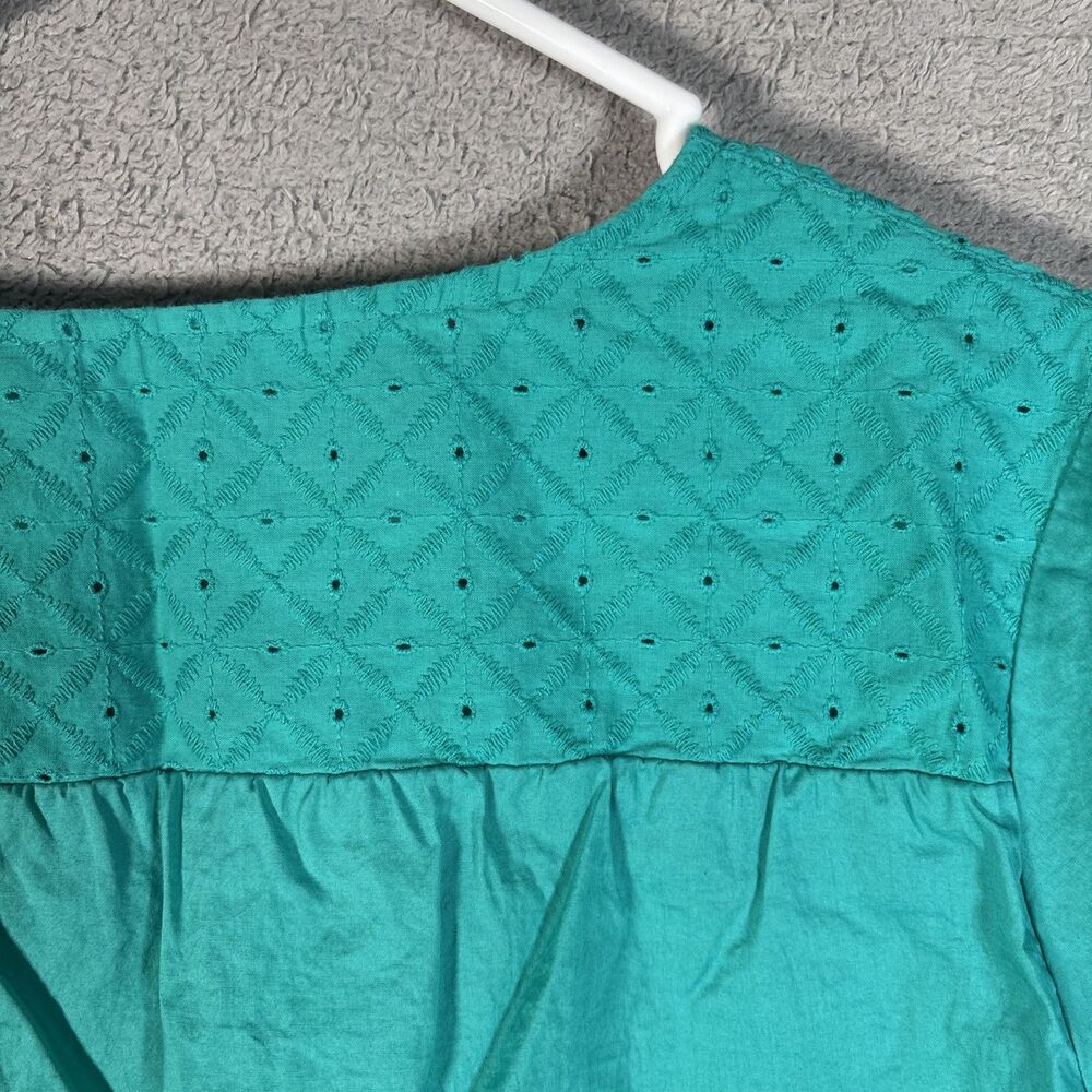 LL Bean Top Women’s Size M Teal Eyelet Chest Tie Neck‎ 3/4 Sleeve Blouse Shirt - Picture 11 of 11